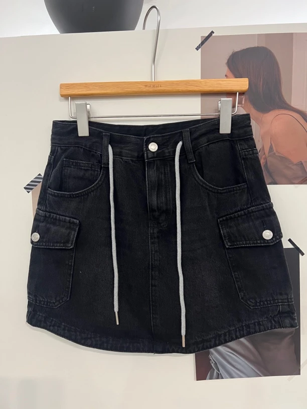 灰灰呀！美式复古 绳带水洗高腰牛仔工装半身裙
