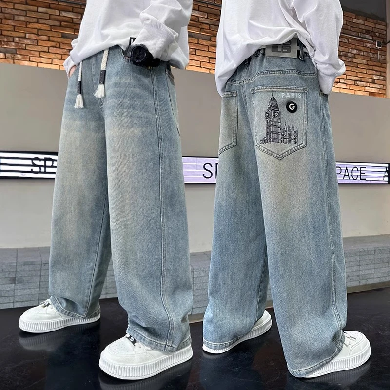 男童裤子秋款2025新款儿童牛仔裤中大童男孩春秋季宽松休闲长裤潮