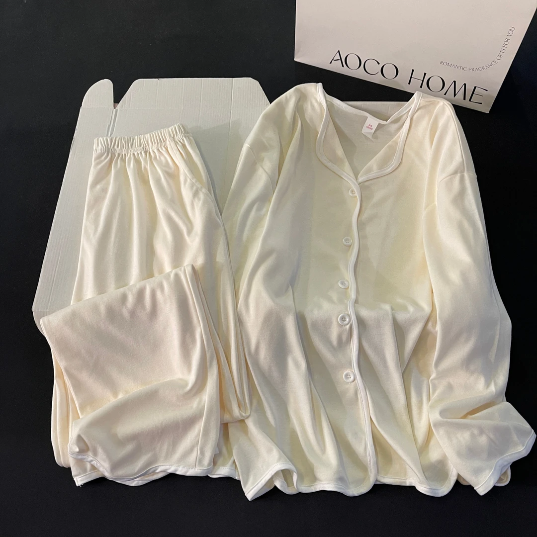 睡衣女春秋季长袖大码可外穿2025新款开衫杏色套装冬天家居服