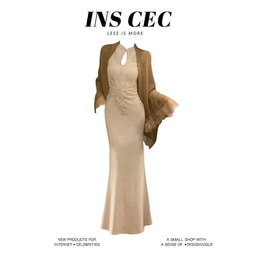 INS CEC新中式国风立领刺绣旗袍连衣裙女秋季蕾丝披肩开衫套装