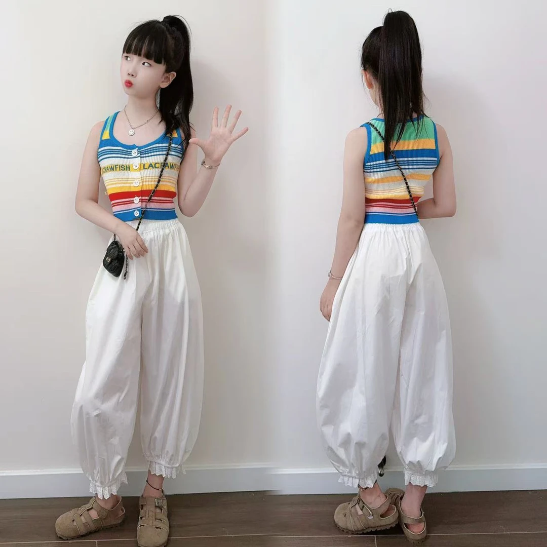 韩版辣妹甜酷彩色条纹背心女童2025年夏季新款百搭爆款休闲裤