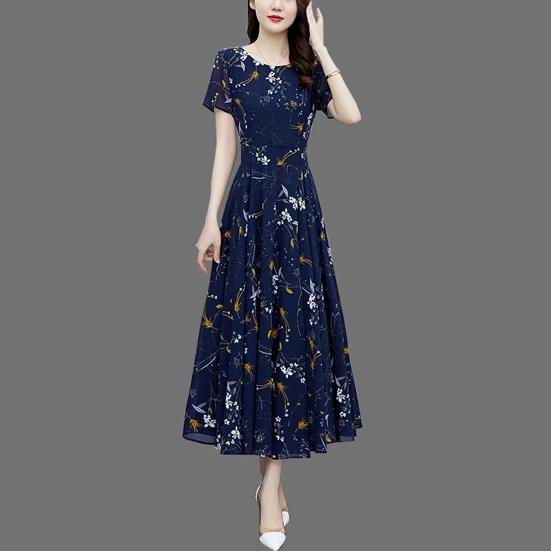 女士雪纺碎花连衣裙2025夏季新款大码减龄高级感优雅气质及踝长裙