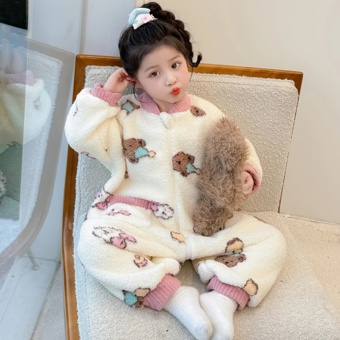 女童睡衣连体2025新款秋冬女宝宝珊瑚绒保暖法兰绒家居服儿童睡袋