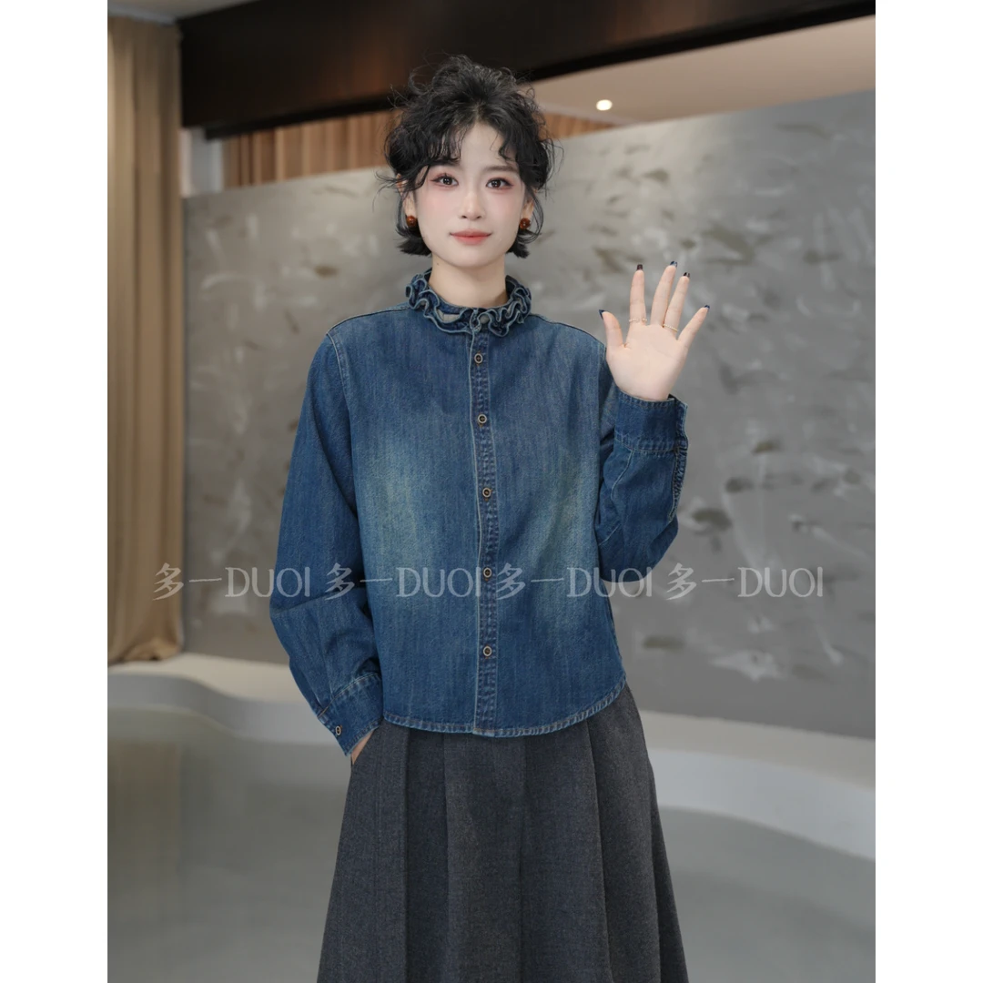 多一“牛仔日记”冬季新款时尚复古木耳边领单排扣宽松百搭磨毛衬衫