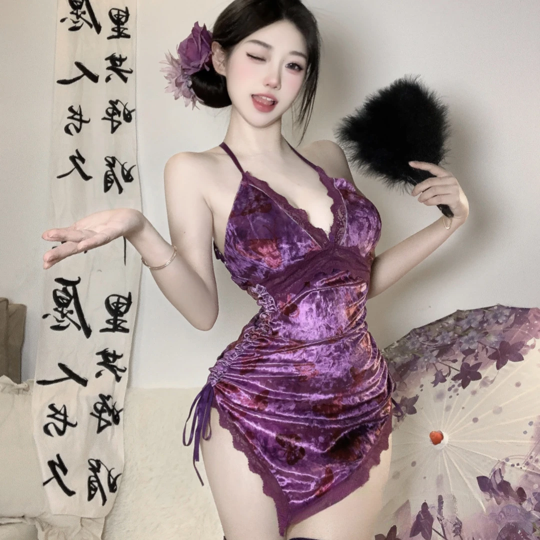 紫色蝴蝶印花深V裸背丝绒连衣睡裙内衣性感纯欲露
