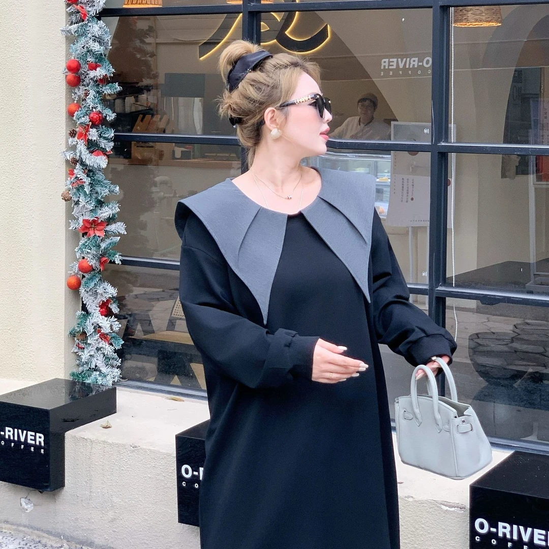 媛子大码【文艺范】娃娃领宽松连衣裙新款气质胖mm显瘦时尚小黑裙