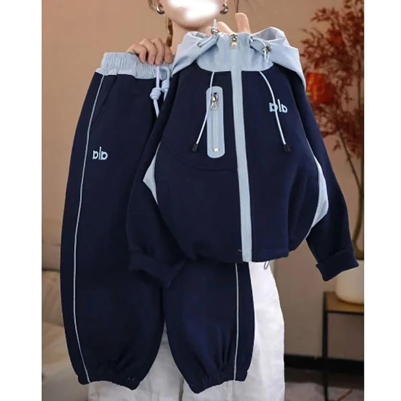 儿童套装春秋季2025新款拼接外套运动休闲连帽两件套韩版中大童潮