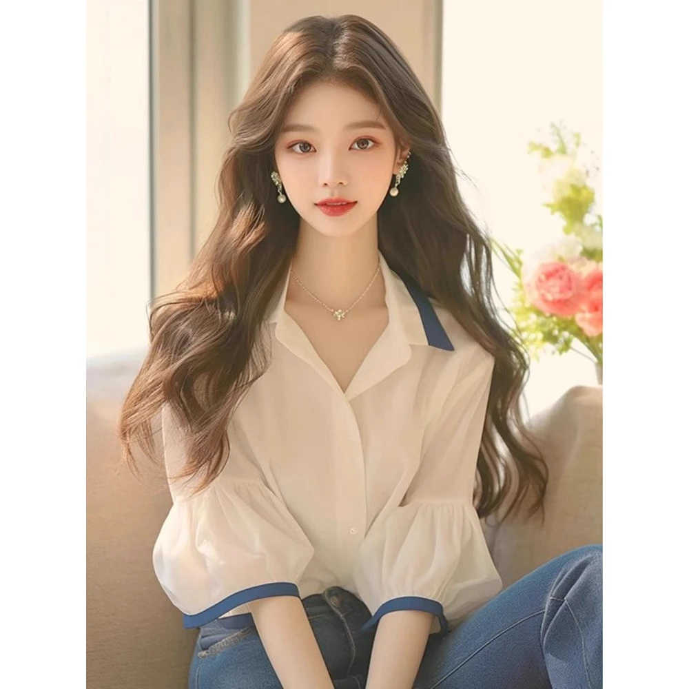 春夏新款欧货高级感百搭上衣显瘦休闲超好看白色泡泡袖衬衫女洋气