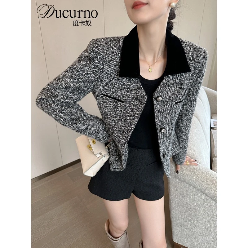 DUCURNO花灰色翻领小香风西装女春秋2026新款高级感通勤收腰外套