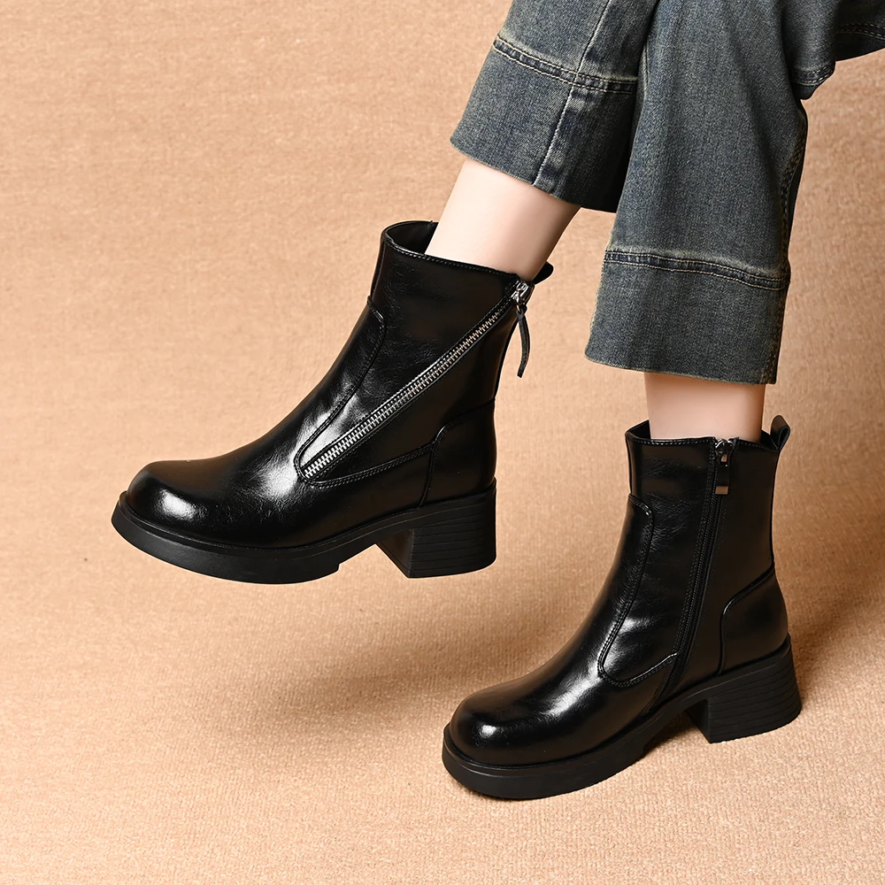 厚底粗跟双拉链马丁靴女2025秋冬新款百搭英伦风圆头软皮中跟短靴