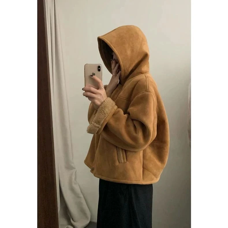 冬季新品韩系美拉德色系连帽皮毛一体外套女2025秋冬小个子羊羔毛