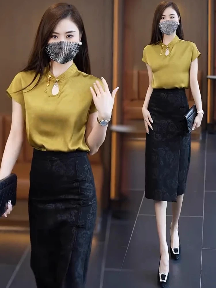 新中式时尚连衣裙套装女2025年夏季新款短袖衬衫半身包臀裙两件套