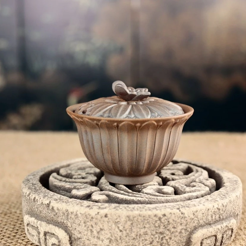 老岩泥粗陶二才手抓蝶恋花盖碗DY29