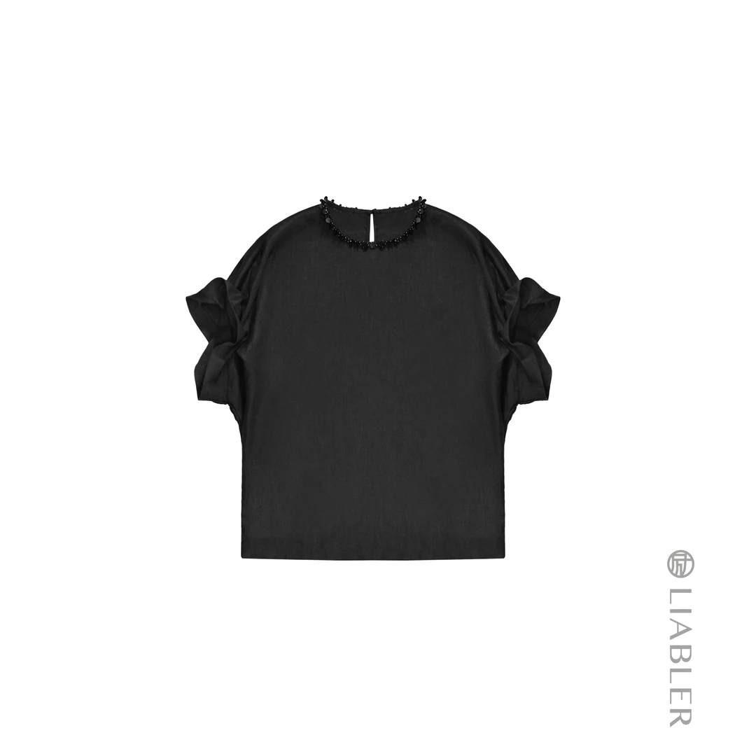 LIABLER/励 P25春夏袖口缩褶圆领亚麻上衣 LSS25174J