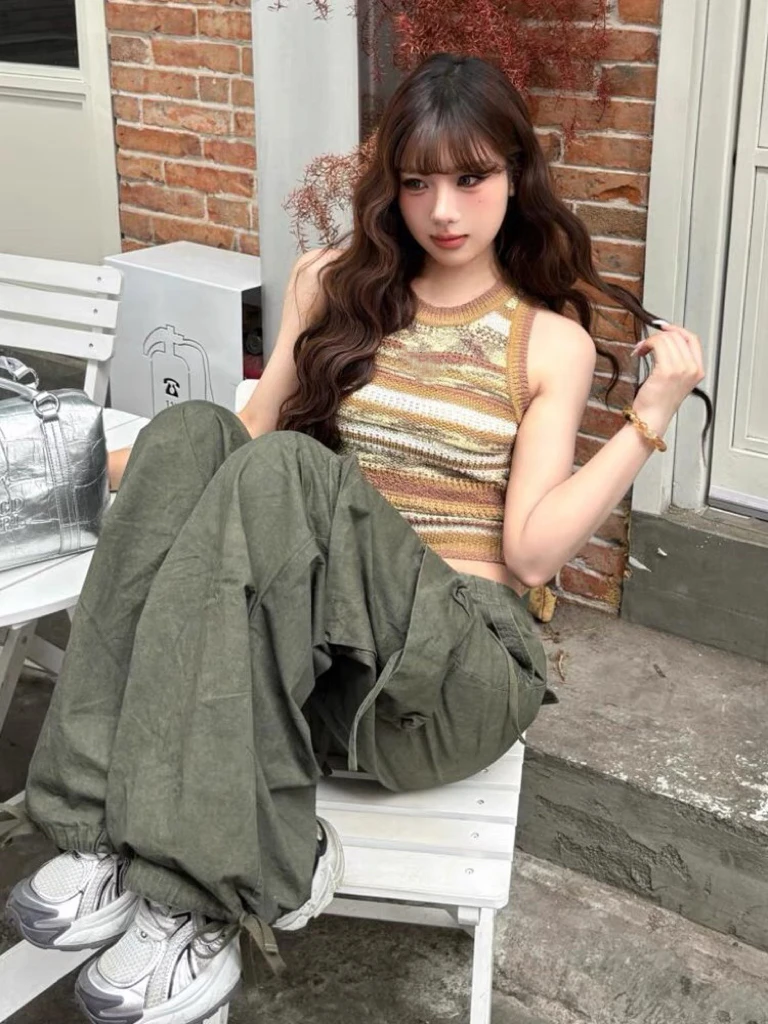 美式辣妹无袖背心女夏季外穿撞色条纹针织背心修身显瘦短上衣