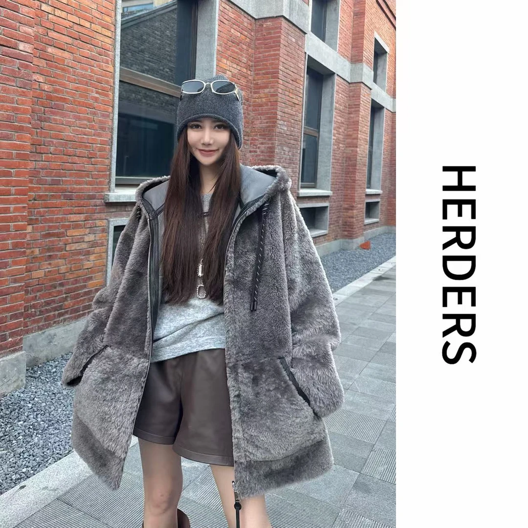 HERDERS （两面穿）中长款连帽皮毛一体外套 52206