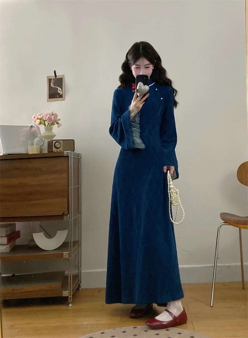 新中式国风改良旗袍蓝色丝绒连衣裙2025秋冬新款大码胖mm复古裙子