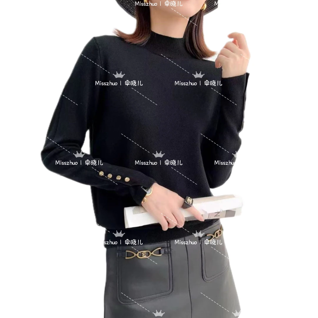 Misszhuo｜卓晓儿 半高领袖子金扣羊毛宽松长袖毛衣开衫外套上衣