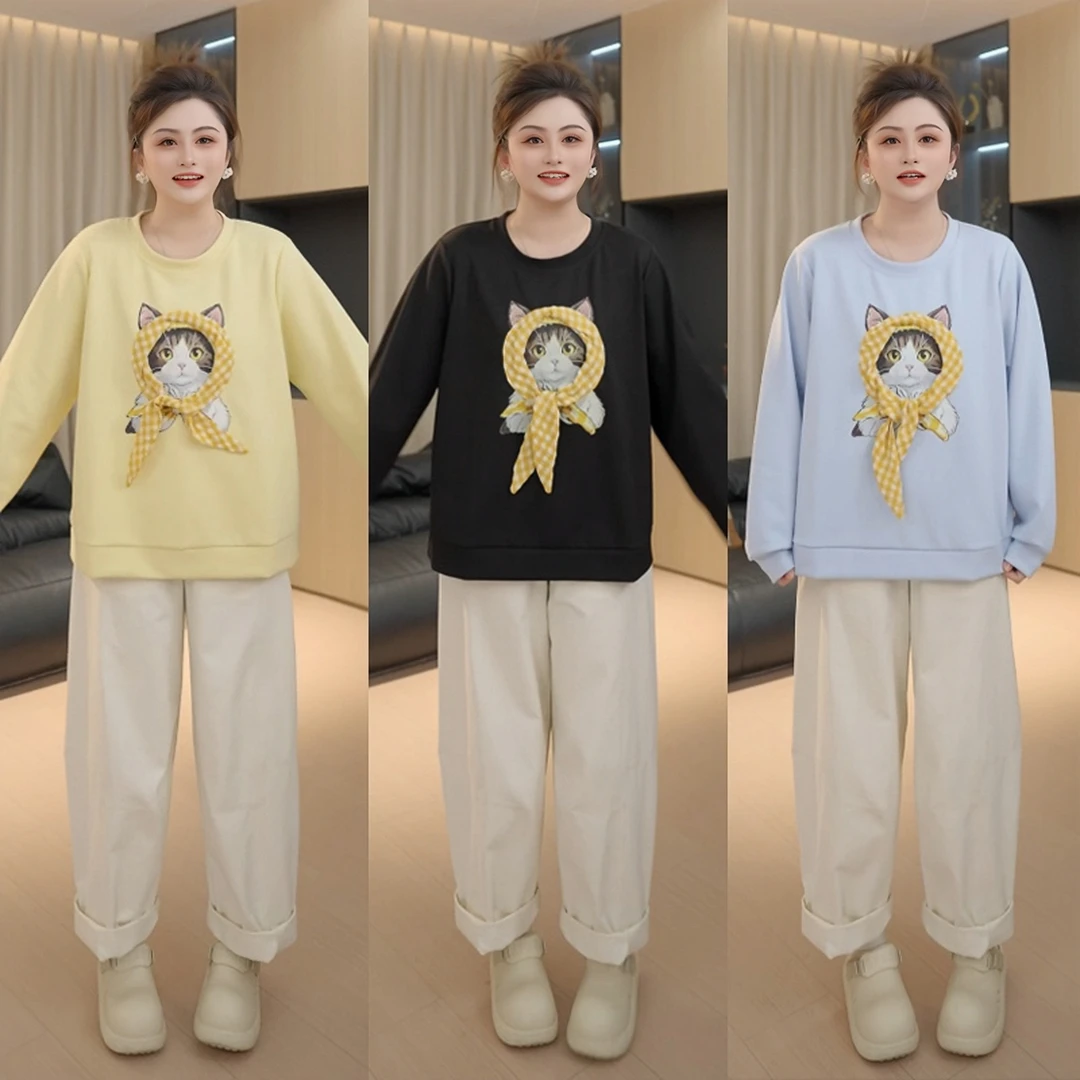 【胖佳佳】现货~头巾猫咪 圆领印花卫衣秋季时尚设计感H625Z16225