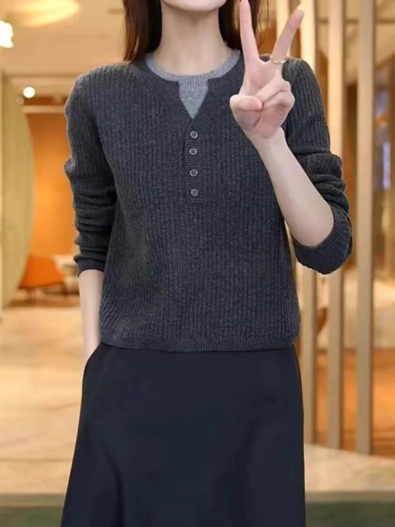 灰色半开领针织打底衫女叠穿秋冬新款内搭假两件毛衣套头