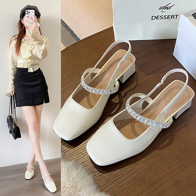 2025新款法式包头粗跟凉鞋仙女风绝美水钻一字带方头玛丽珍单鞋女