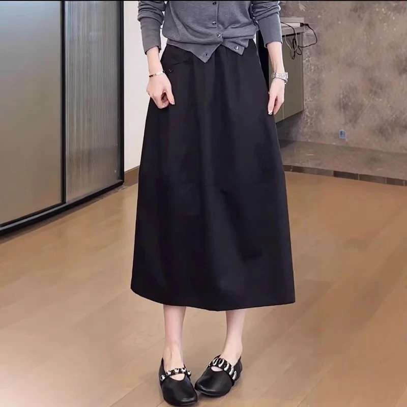 夏季薄款高腰显瘦黑色花苞裙女大码简约洋气百搭休闲中长款半身裙