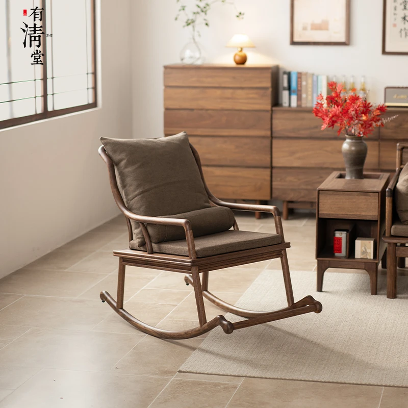 有清堂新中式家用摇摇椅成人阳台午休懒人椅黑胡桃休闲实木躺椅