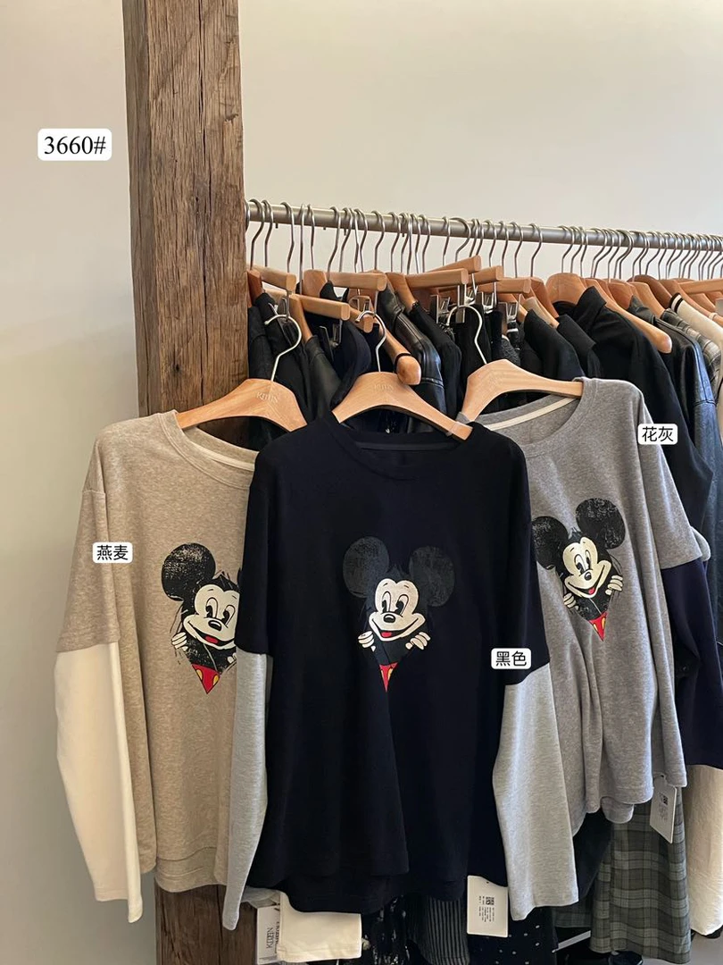 韩标！原89！3660韩系复古拼接假两件米奇卡通印花长袖T恤