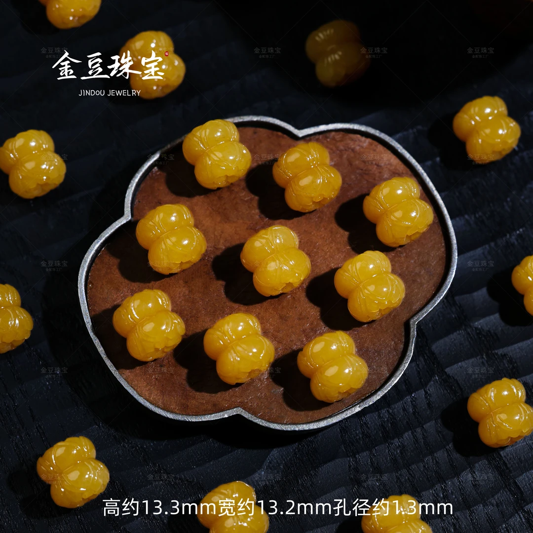 【金豆珠宝】天然和田玉黄-金糖糖玉并蒂莲隔珠双头莲花桶珠路路通C