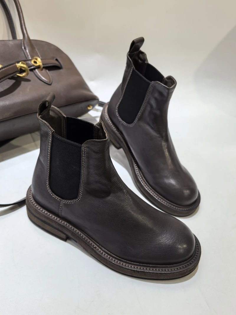 惟蔻*深棕色原胚水洗马皮|复古英伦烟筒靴切尔西靴