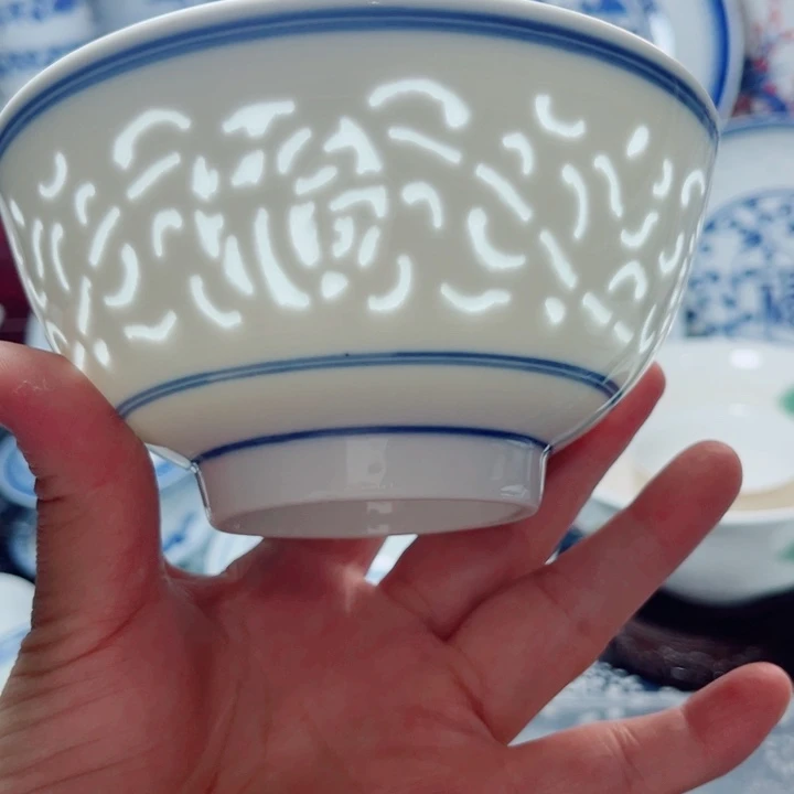 青花玲珑5寸饭碗满雕双福双线