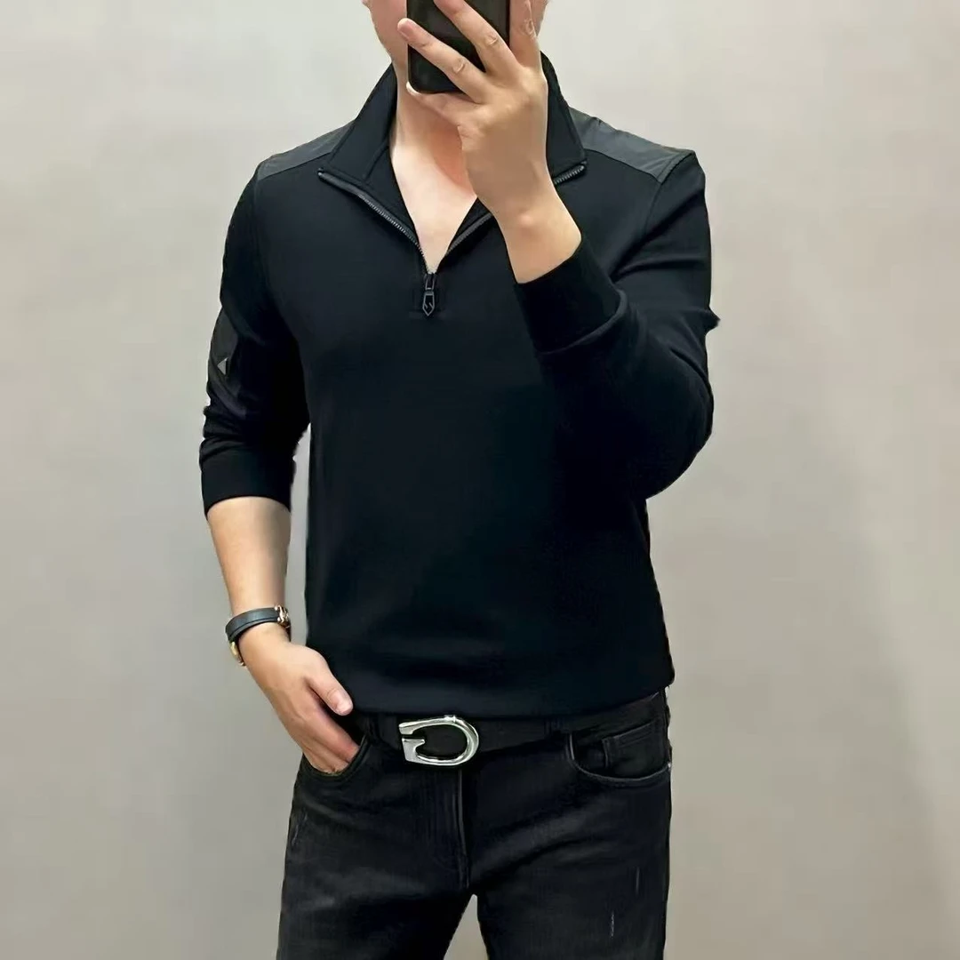 新款高端男士休闲风长袖半拉链立领拼接卫衣5021