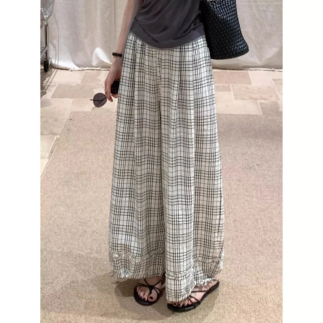 复古花边格子裤女夏季薄款宽松透气显瘦阔腿裤束脚哈伦裤