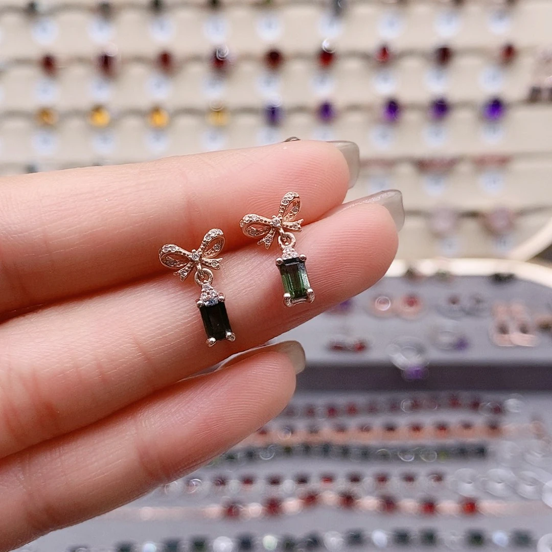 碧玺耳钉银S925镶嵌耳钉