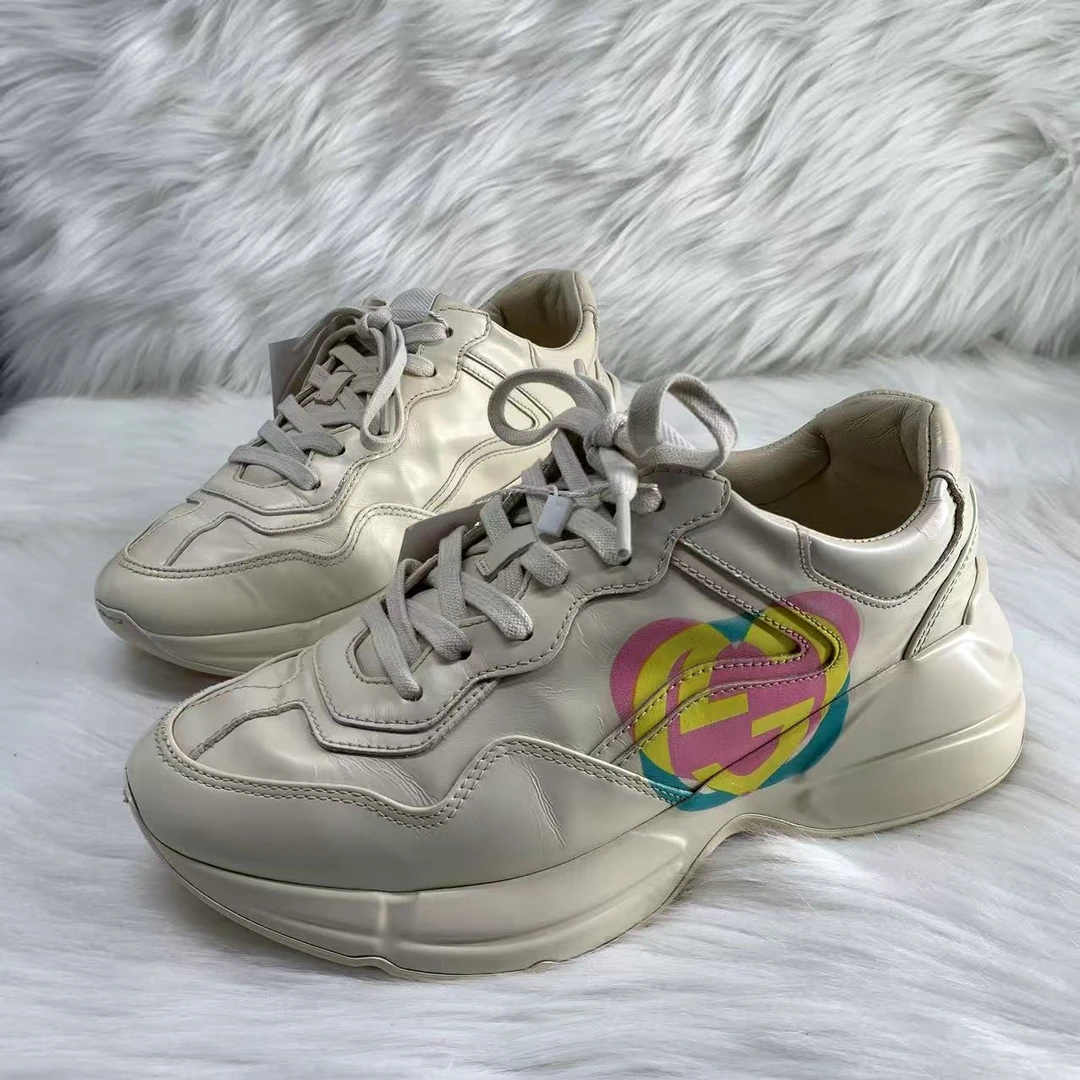 95新 GUCCI/古驰 36码/无配件/白色爱心logo厚底复古老爹鞋xxs806