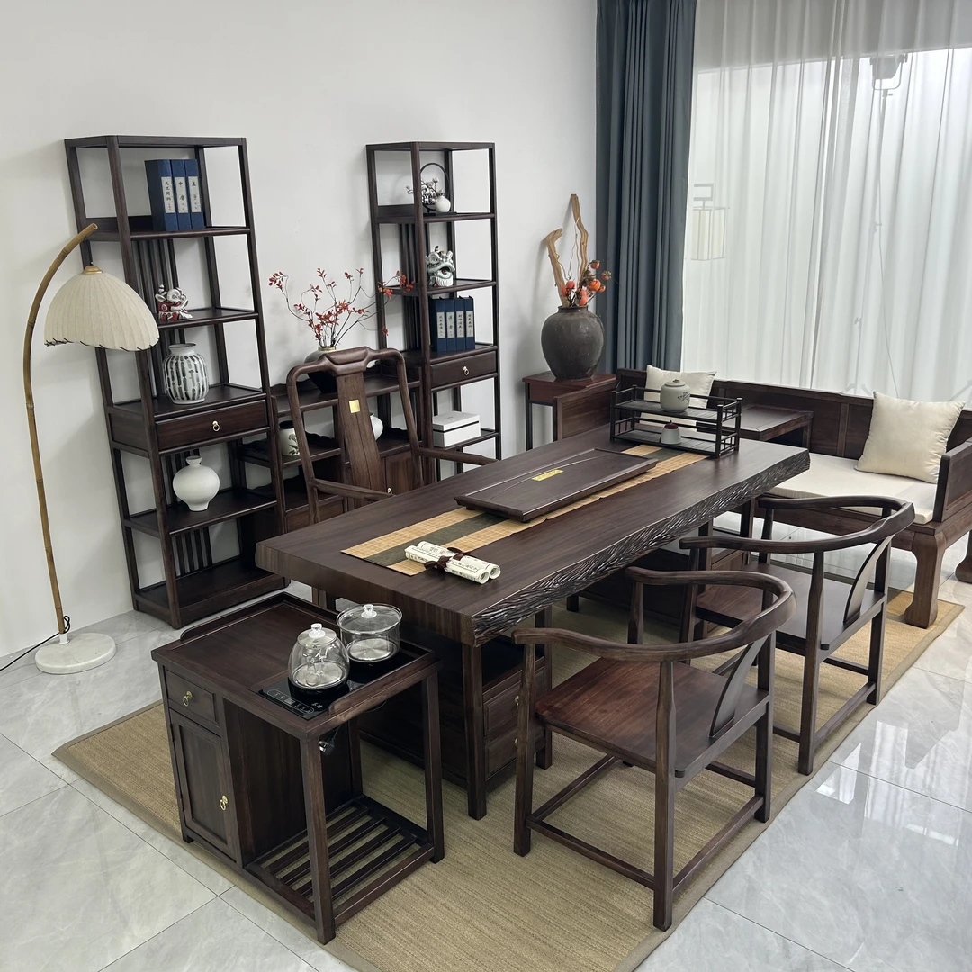 新中式全实木顺发自然边大板茶桌茶椅组合禅意办公室茶桌泡茶客厅