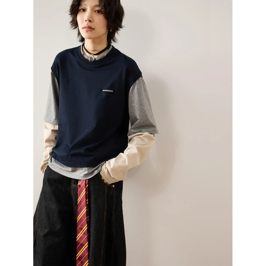 专柜品牌sameuoo散养文化「尖子生」假三件长袖t恤女春设计感撞色