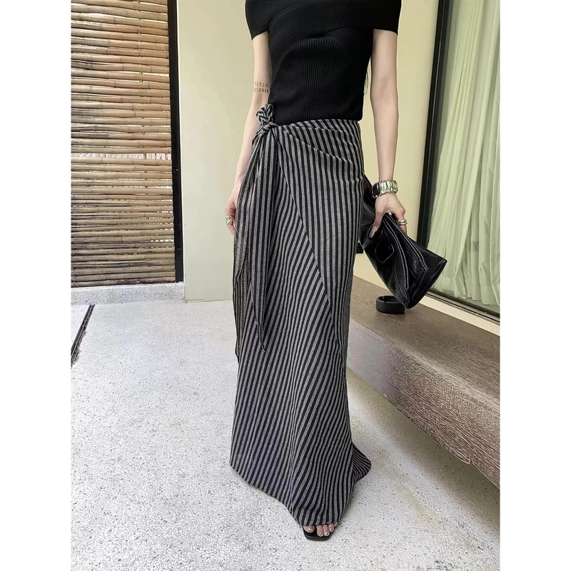 KELE  【阔太气质】亚麻条纹绑带半身裙女夏季新款设计感宽松垂感