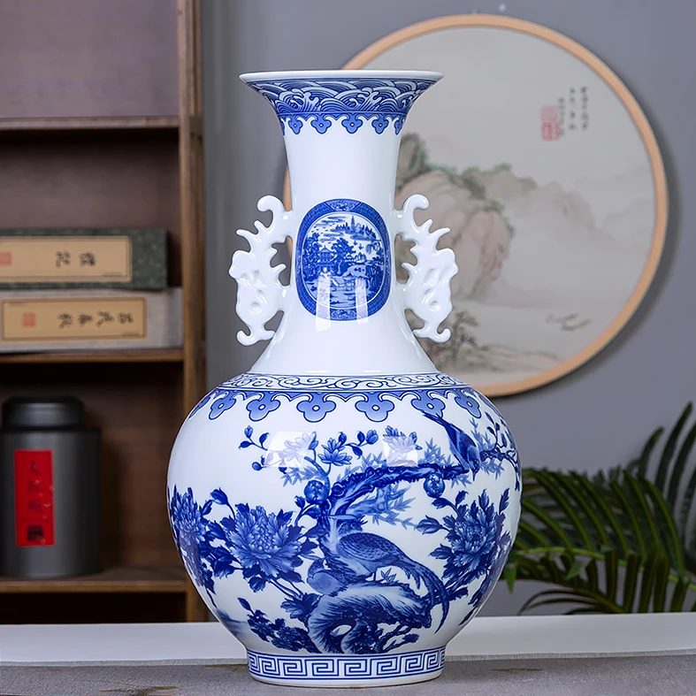 景德镇陶瓷青花瓷双耳大号赏瓶花瓶摆件客厅酒柜办公室装饰品