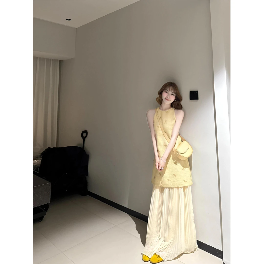 法式气质蝴蝶结重工假两件连衣裙女夏季新款纯欲甜美别致收腰长裙