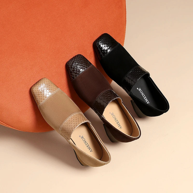 AMEINOR艾瑂儿2025春季新款时尚方头舒适拼接真皮深口低跟单鞋