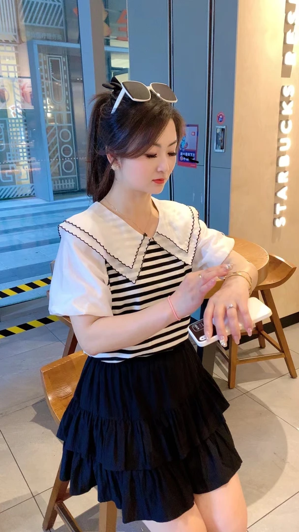 时尚夏季学院风娃娃领宽松韩版翻领拼接甜美海军领洋气条纹衬衫