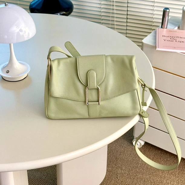 95新 Delvaux/德尔沃 青苹果绿邮差斜挎包