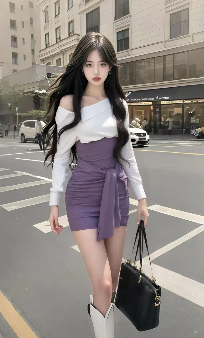 韩版时尚辣妹风穿搭撞色斜领长袖修身收腰包臀连衣裙女氛围感短裙