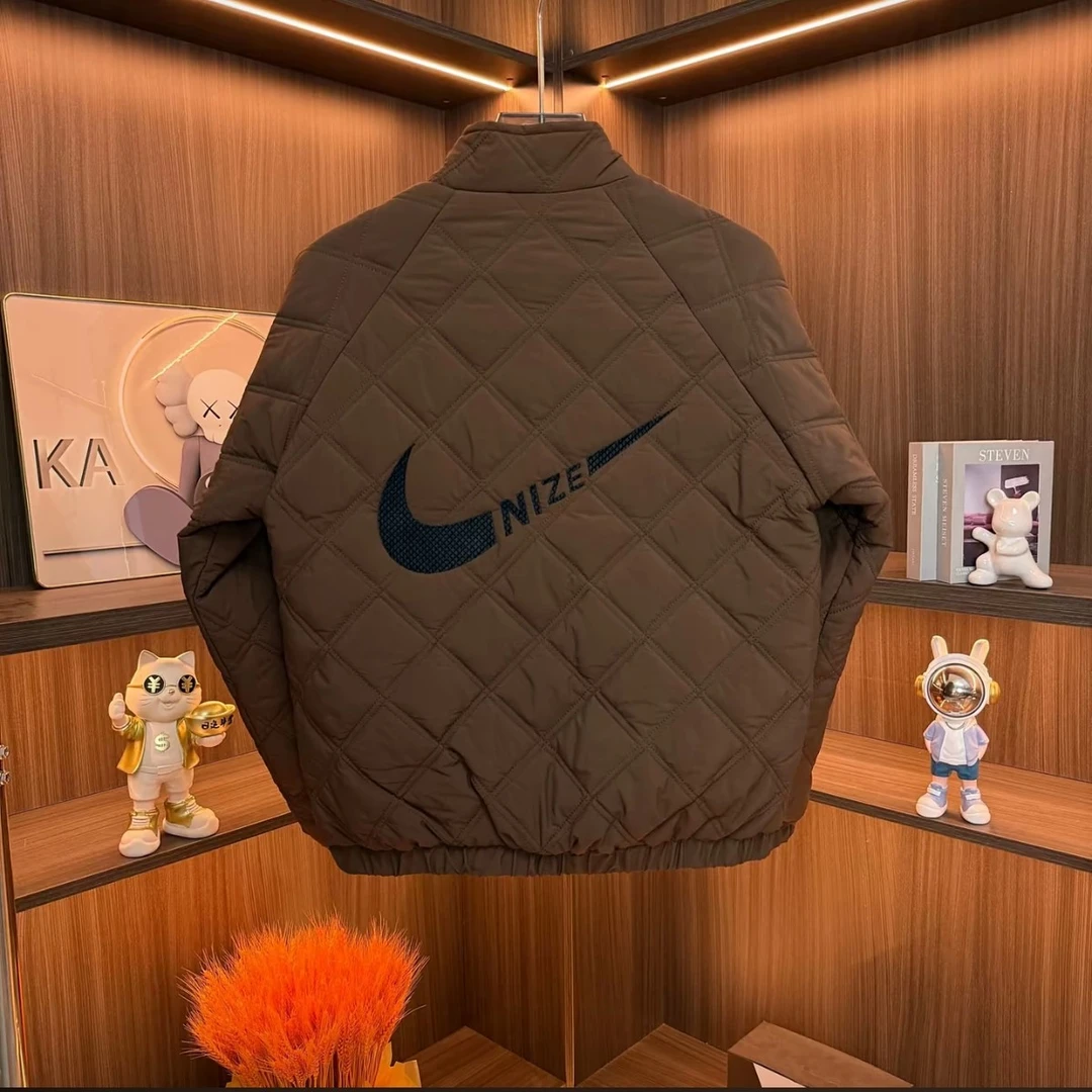 男士秋冬薄棉刺绣菱形格立领休闲百搭修身薄棉棉服上衣外套韩版