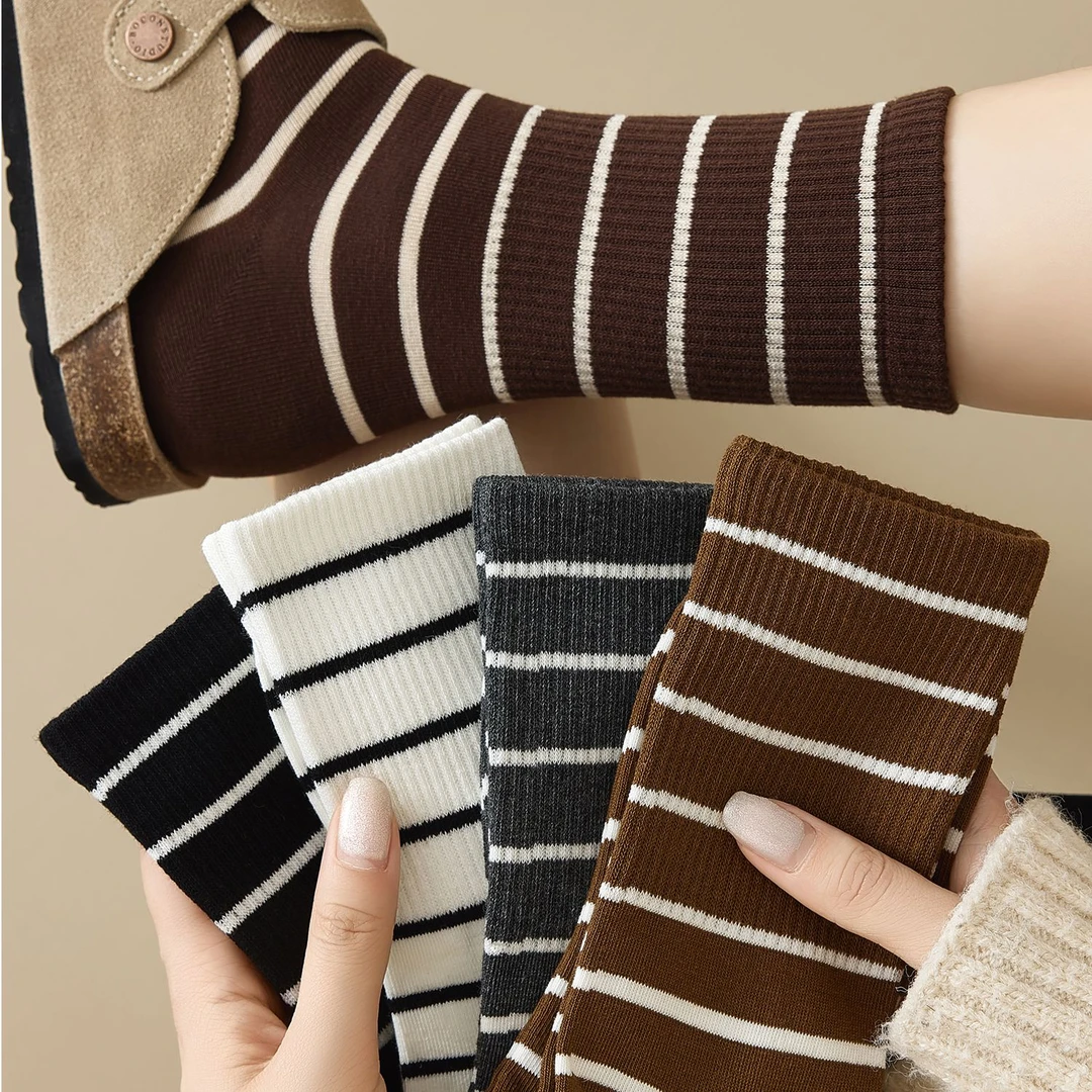 5双装美拉德风袜子条纹女中筒秋冬季网红ins潮咖色配鲨鱼裤长筒袜