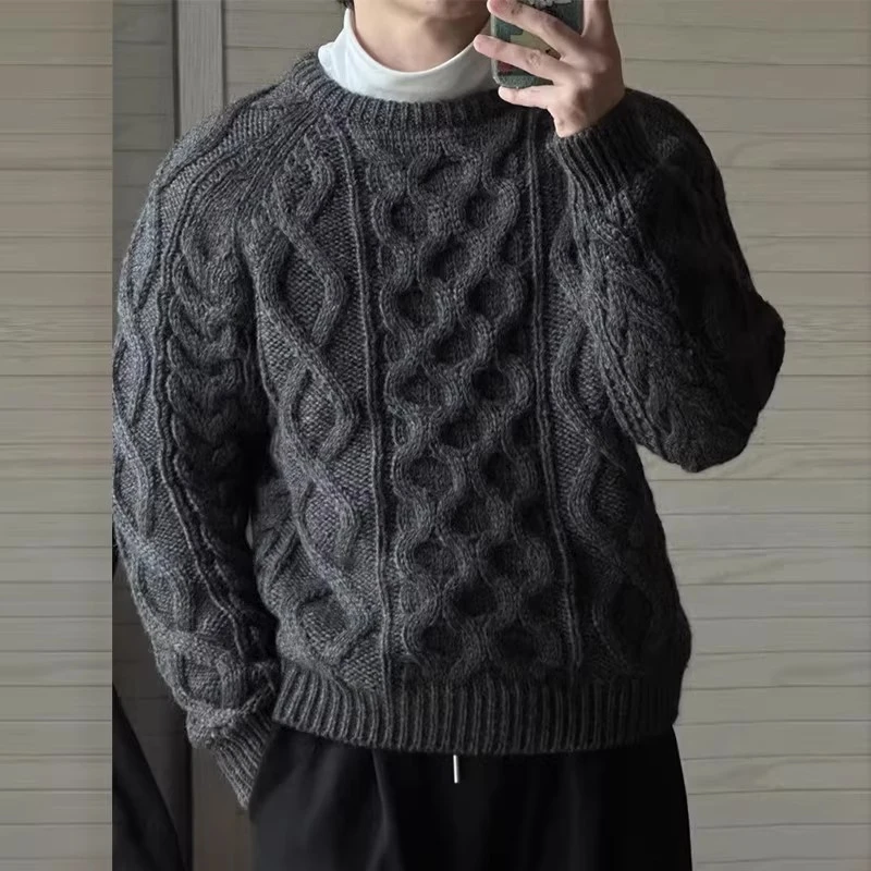 高端货~复古渔夫粗针冰岛重磅加厚羊毛圆领套头阿兰毛衣女