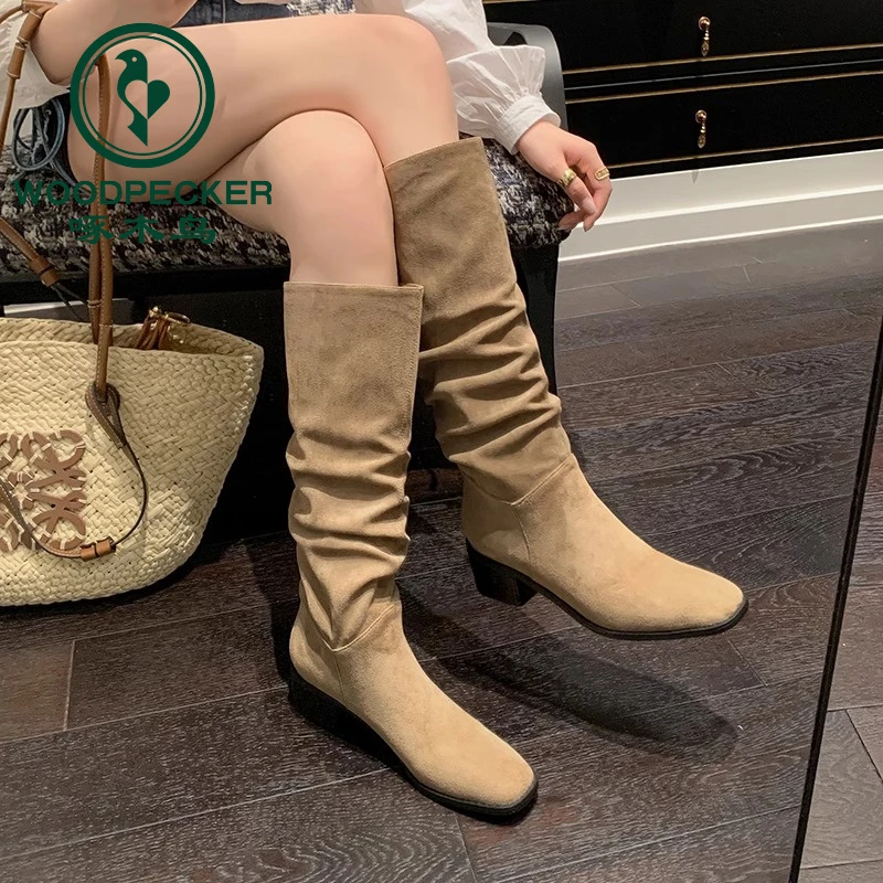 啄木鸟堆堆长筒骑士靴子女2025新款秋冬法式中筒女款西部牛仔长靴