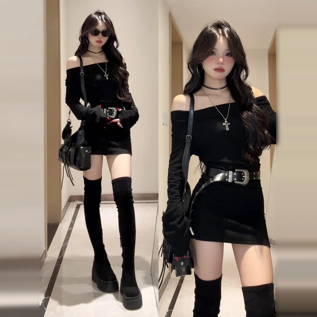 黑色ootd绝美长袖高级感连衣裙子秋季2025新爆款女流行一字肩短裙
