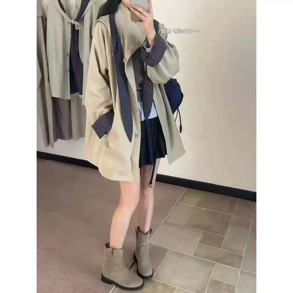 连帽风衣气质中长款拼接设计感春秋格子休闲风秋季女8808